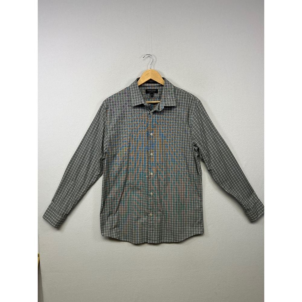 Banana Republic Modern Graphic Slim Fit Mens M Grey Grid Wrinkle Resistant Shirt